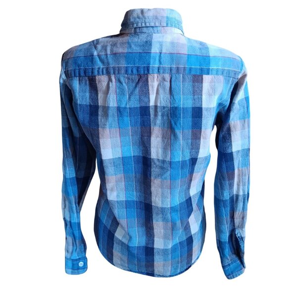 Vintage Women's Flannel Skater Shirt Medium 1970's Sears Blue Plaid Button-Up - Picture 5 of 6